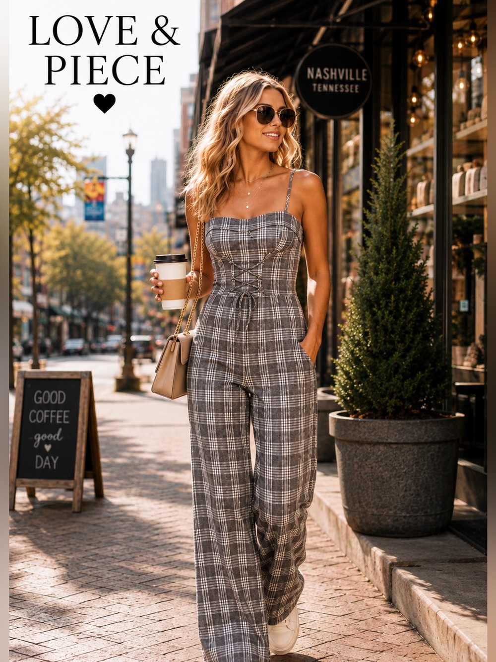 NWT Love & Piece Plaid Corset Lace Up Wide Leg Jumpsuit Gray Size  Large